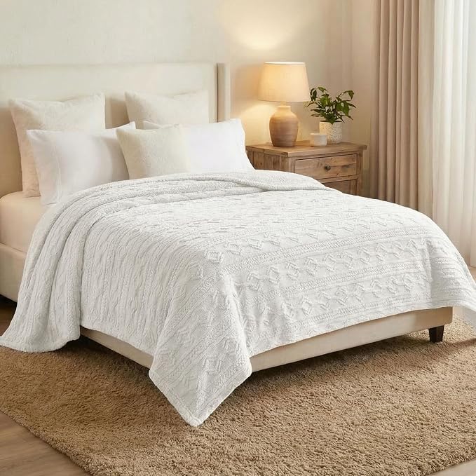 SUPERIOR Fleece Boho Jacquard Blanket, Decorative Blankets for Bedroom, Sofa, Fuzzy, Plush, Fluffy, Soft, Cute Room Decor, Beautiful Cover, Comfort Essentials, Arctic Collection, King, White