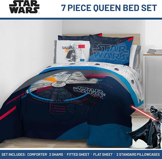 Star Wars Queen Comforter Set 7 Piece Soft Bedding for Boys, Dark Blue | Bed in a Bag, Comforter Sheets Shams Pillowcases, Official Product, Soft Microfiber, Machine Washable, Boys Gift