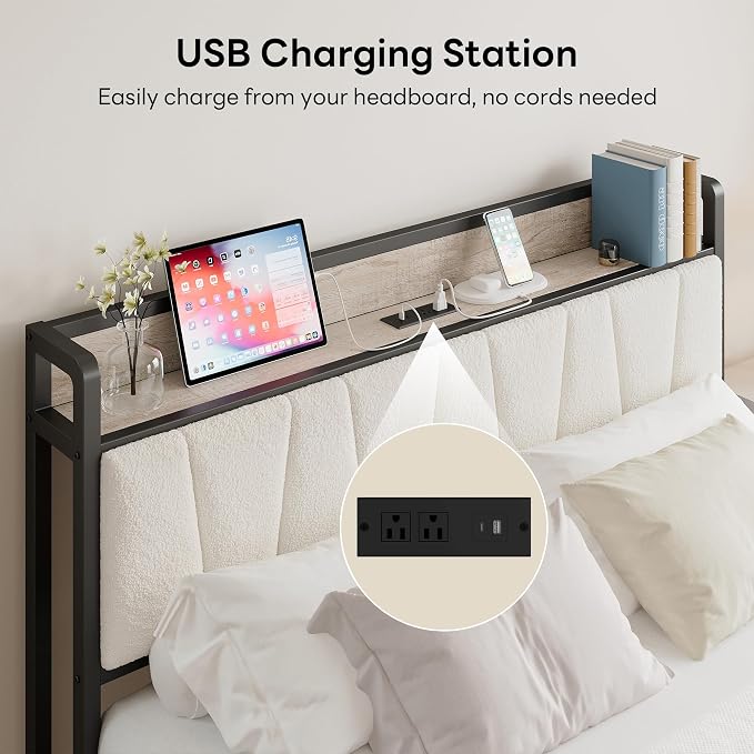LIKIMIO Queen Bed Frames, Bouclé Storage Headboard with Charging Station, Solid and Stable, Noise Free, No Box Spring Needed, Easy Assembly