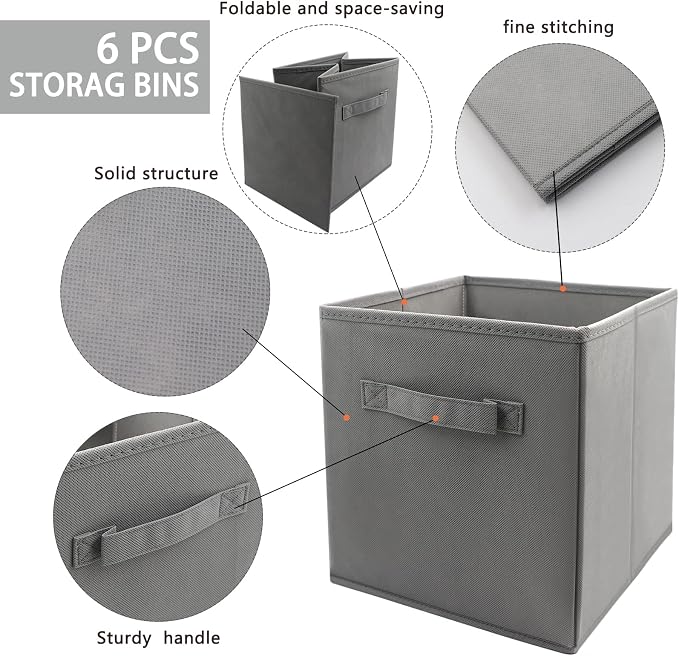 EBIGIC storage bins collapsible storage bins,cube storage organizer (Pack of 6) 9*7.5*7.5inch,For home and office Collapsible Closet Shelf Organizers, Drawer Organizers (Grey)