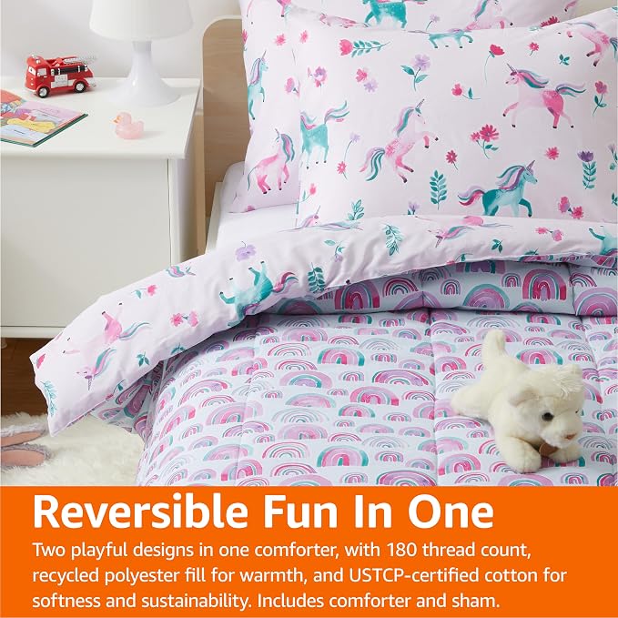 Amazon Basics Kids' 3 Piece Lightweight Cotton Shell Reversible Comforter Set with Sham, USCTP Certified Cotton Shell, Full/Queen, Unicorns and Rainbows