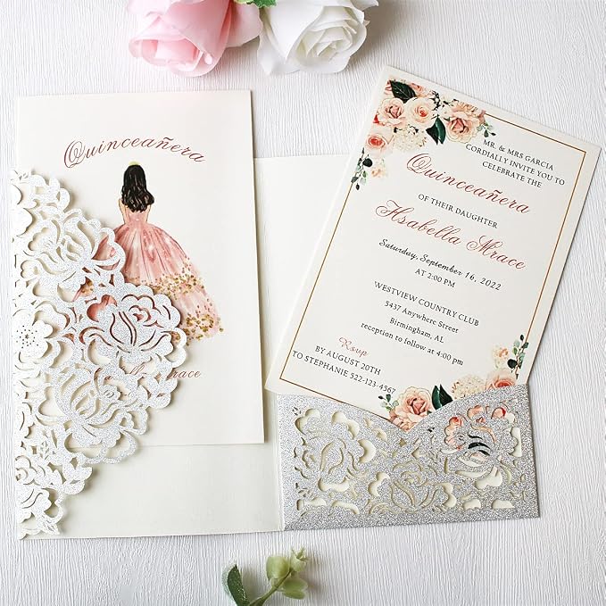 50PCS Customized Silver Laser Cut Quinceanera Invitation kit 5x7.3 Inch Hollow Rose Floral Quinceanera Invitation Cards with Envelopes for Quinceañera Birthday Invite