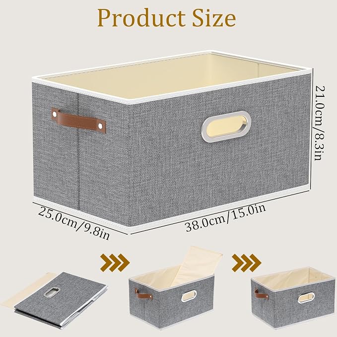 Yawinhe Collapsible Fabric Storage Bins,15.0x9.8x8.3in,Grey,4-Pack | Foldable Storage Baskets for Shelves, Closet Boxes for Organization, Washable Closet Organizer for Towels, Canvas Bins