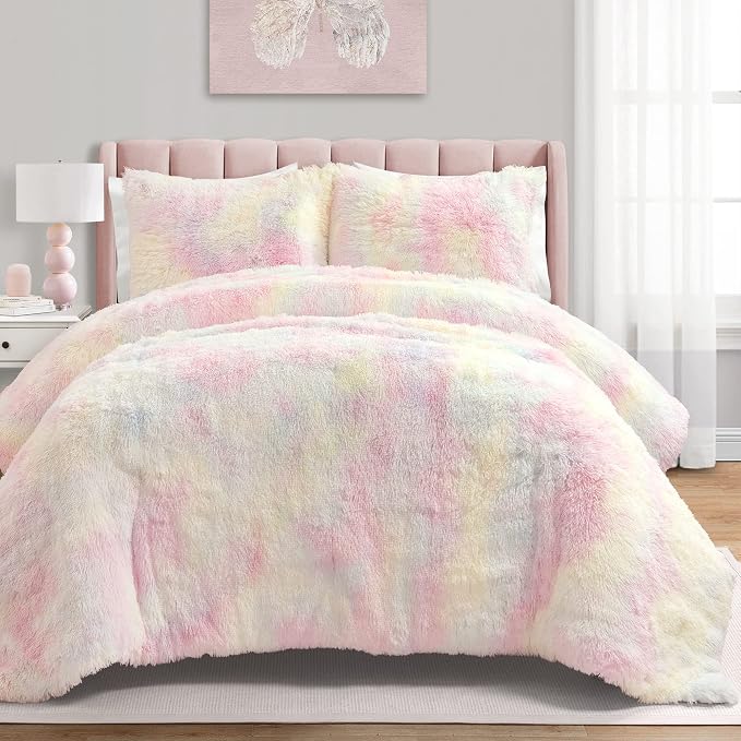 Lush Decor Emma Cozy Ultra Soft Rainbow Faux Fur Comforter 3 Piece Set Full/Queen Rainbow - Cute Bedding Set Queen Comforter - Kids Bedroom Decor