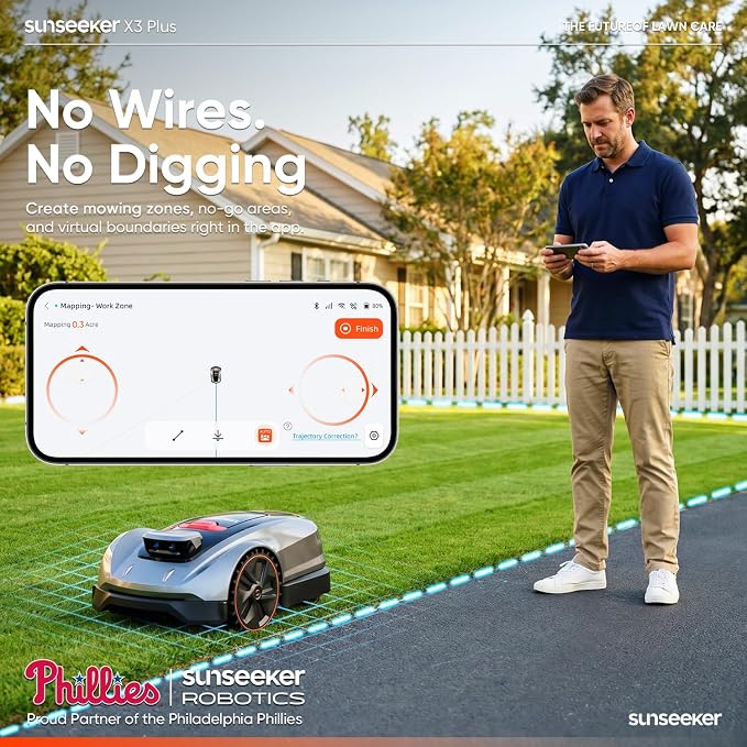 Sunseeker X3 Plus Robot Lawn Mower, RTK, Vision AI, 0.3 Acre, Wire-Free | Efficient edge cutting for homeowners with small to midsize suburban yards, multiple zones and defined borders.