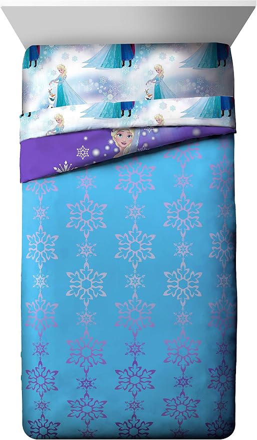Disney Frozen 'Magical Winter' 5 Piece Twin Bed Set | Bed in a Bag, Comforter Sheets Sham Pillowcase, Official Brand, Soft Microfiber, Machine Washable, Easy Care, Girls Gift