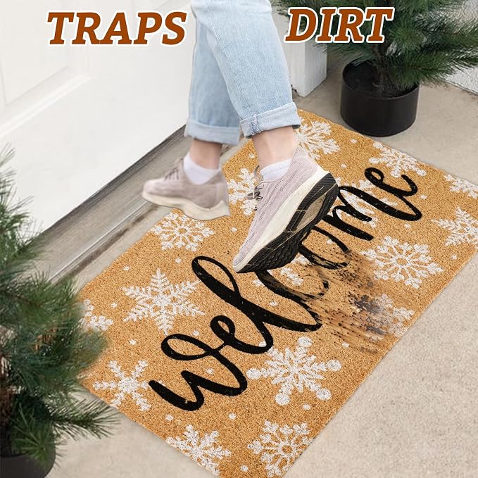 JarThenaAMCS Winter Natural Coir Doormat WhiteSnowflake Welcome Floor Mat Christmas Non-Slip Entrance Door Rug for Xmas Indoor Outdoor Home Bathroom Decor, 16.5 x 29 Inch