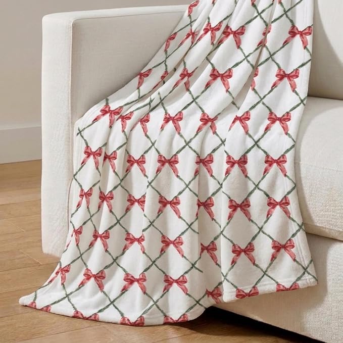 Martha Stewart - Blanket, Incredibly Soft Throw Blanket for Couch or Bed, Printed Plush & Oversized Bedding (Emmas Bow White, 60" x 70")
