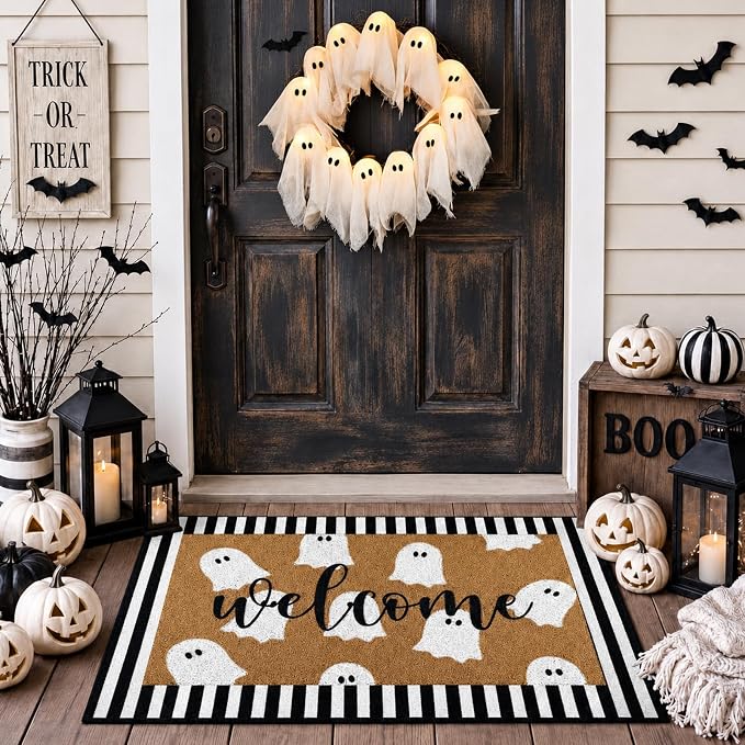 Tinideya 2 Pcs Halloween Door Mat Outdoor Cute Ghost Welcome Doormat for Front Door Non Slip Layered Ghost Coir Floor Mat Black White Stripe Halloween Rug for Outside Front Porch Entryway Decor