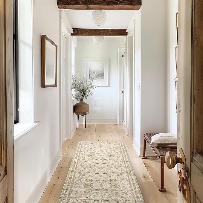 EVERGRACE Hallyway Area Runner Rugs 2x6, Boho Floral Faux Wool Indoor Outdoor Rugs, Washable Rugs for Bedroom Bathroom Living Room Kitchen, Low Pile Floor Mat Carpet for Home Decor, Natural Beige