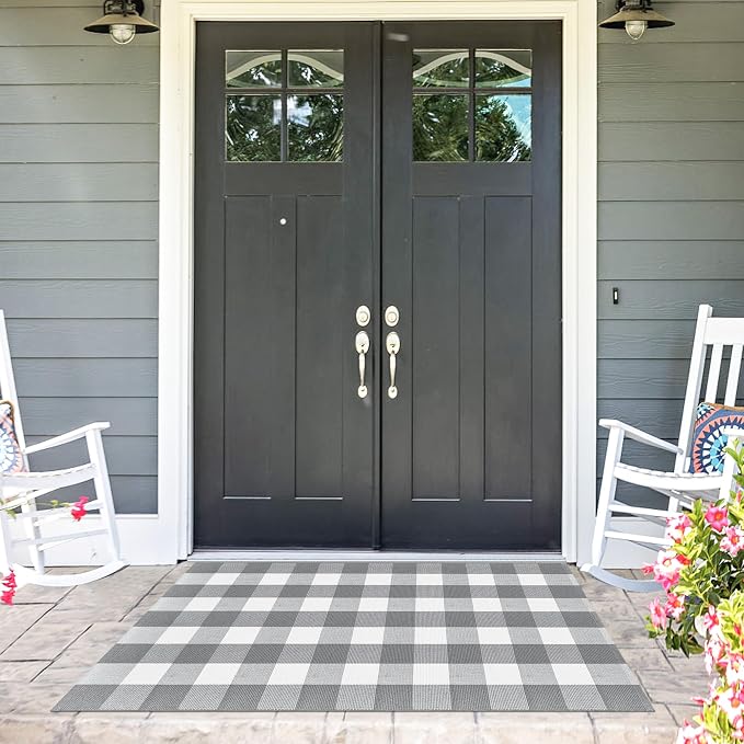 Buffalo Plaid Rug 3x5 Cotton Woven Buffalo Check Rug Grey and White Checkered Outdoor Rug Washable Indoor Outdoor Area Rug Layered Front Door Mats Carpet for Farmhouse Entryway Living Room Bedroom