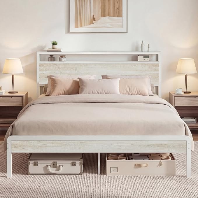LIKIMIO Queen Bed Frame with 2-Tier Storage Shelf Headboard | Wood Platform Bed, Camas Queen with Strong Metal Supports, Sturdy, Noise-Free, No Box Spring Needed, White Maple