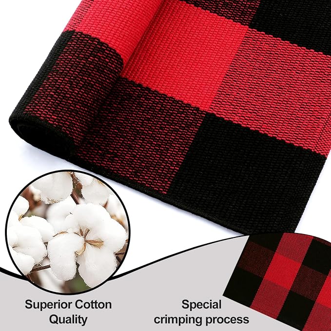 OLANLY Buffalo Plaid Rug 2' x 3' (24" x 36") – Red and Black Cotton Checkered Doormat, Washable Indoor Outdoor Rug for Layered Front Porch, Kitchen, Entryway Decor