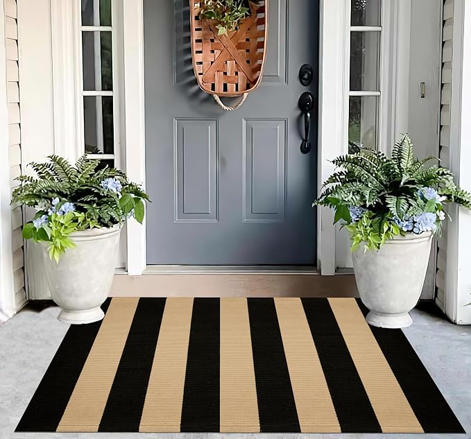 Striped Layering Rug 27.5"x43",Black and Tan Farmhouse Front Porch Mat Cotton Woven Washable Entryway Rug Indoor Outdoor Front Door Mat for Porch/Entryway/Home Entrance Decor