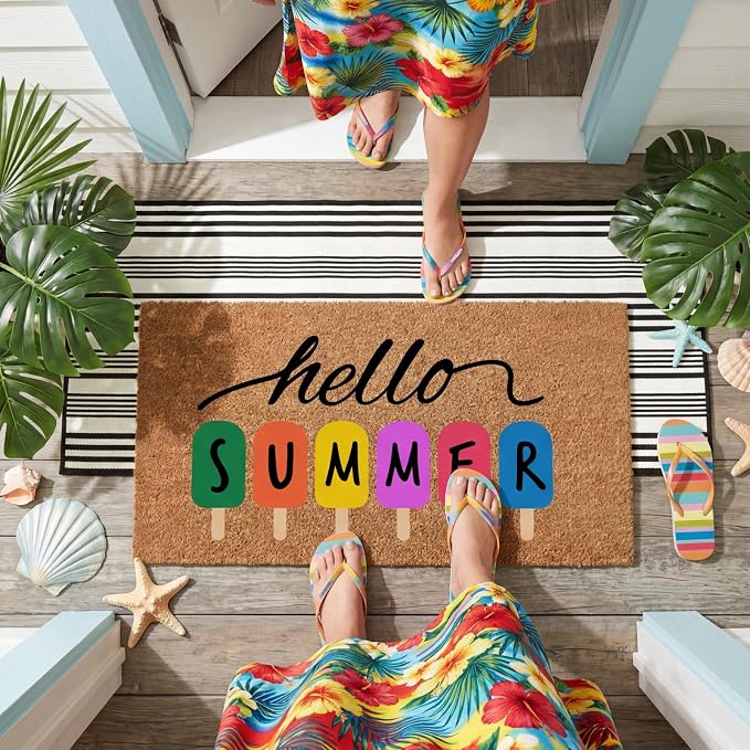 Moucuny 2 Pcs Summer Coir Door Mat 19" x47 Hello Summer Welcome Mats for Front Door Non Slip 56"x22" Black and White Rug Large Floor Layering Doormats for Front Porch Entryway Decor