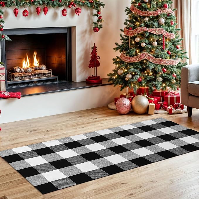 KOZYFLY Buffalo Plaid Area Rugs 2x4.3 Ft Black and White Checkered Rug Washable Front Door Mat Hand Woven Cotton Outdoor Rug Small Rug for Front Porch Kitchen Entryway Patio Bathroom