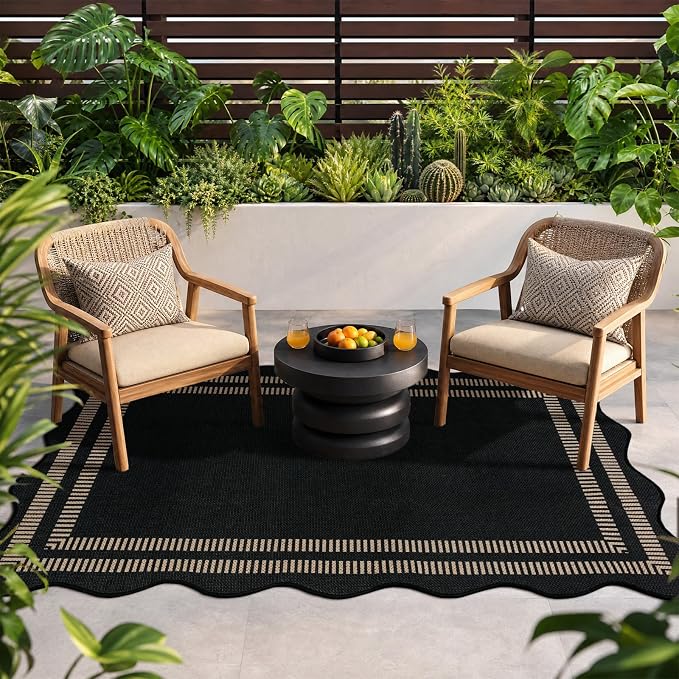 EDIMENS Scalloped Easy Jute 3x5 Outdoor Rug, Washable Non-Slip Geometric Black Rugs for Entryway, Indoor Outdoor Farmhouse Rug Modern Carpet Door Mat Area Rug for Patio Living Room Porch Kitchen