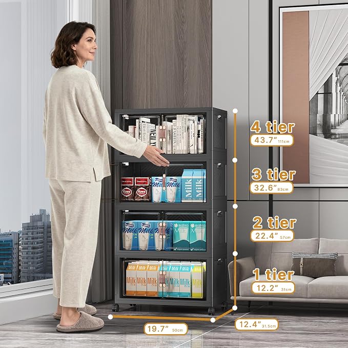 UAMFURI Stackable Storage Bins, 220QT Collapsible Drawers with 1 Lid | Large Capacity, Magnetic Door, Stack Lock, Rolling Wheels, Foldable Design, Organizers and Storage for Bedroom Dorm Garage