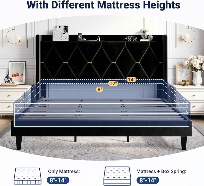 Allewie King Size Bed Frame with Storage Headboard & Charging Station | Diamond Tufted Design & Gold Trim, Velvet Upholstered Platform Bed, No Box Spring Needed, Easy Assembly, Noise-Free, Black