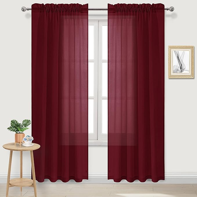 DWCN Christmas Burgundy Sheer Curtains Semi Transparent Voile Rod Pocket by DWCN