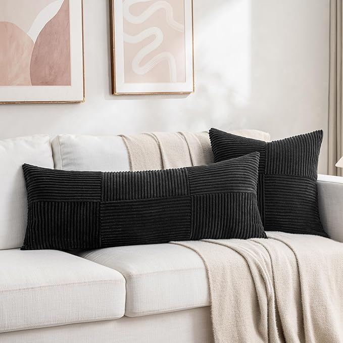 Fancy Homi 2 Packs Black Decorative Throw Pillow Covers 16x16 Inch for Living Room Couch Bed Sofa, Rustic Farmhouse Boho Home Decor, Soft Corss Patchwork Corduroy Textured Square Cushion Case 40x40 cm