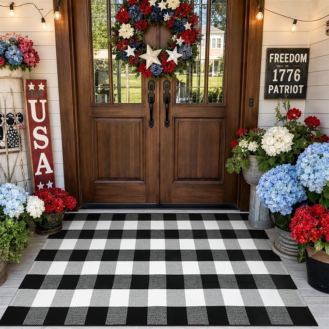 KIMODE Buffalo Plaid Outdoor Rug 3x5, Farmhouse Cotton Front Door Mat, Washable Black and White Checkered Rug Spring Outdoor Decor for Welcome Layered Door Mat Front Porch Entryway Kitchen