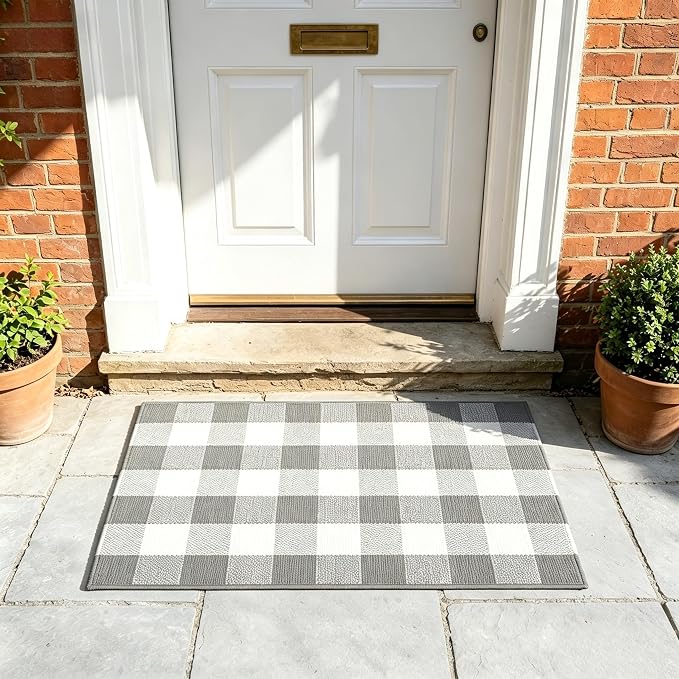 Buffalo Plaid Outdoor Rug 27.5" x 43" Gray and White Checkered Area Rug Washable Doormats Indoor Outdoor Rugs for Layered Front Door Mats, Porch, Entryway, Kitchen, Farmhouse