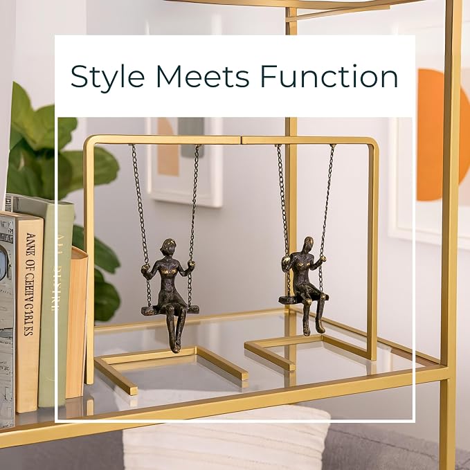 Set of 2 Swinging People Decorative Bookends – Modern Shelf Decor Accents with Gold Metallic Frame – Stylish and Elegant Office & Home Decor Organizer – 10", Gold