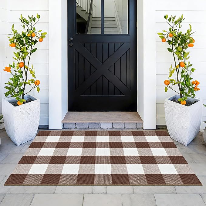 Buffalo Plaid Rug 2.3x3.6 Brown and White Checkered Rug Grid Indoor Outdoor Doormat Porch Layering Carpet Cotton Woven Washable Area Mat for Patio Entryway Farmhouse Decor