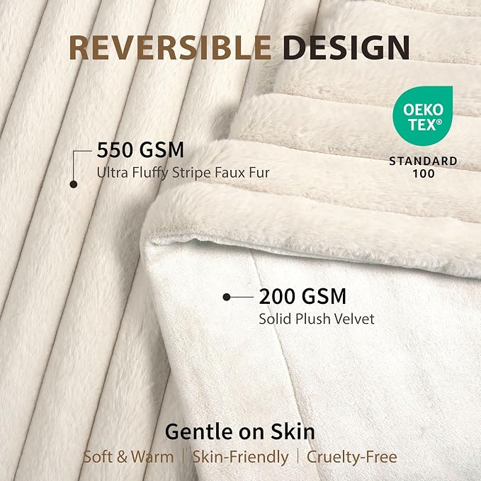 DEZ FURNISHINGS Luxury Reversible Textured Stripe Faux Fur & Velvet Throw Blanket, Throw XL (50" x 70"), Taupe