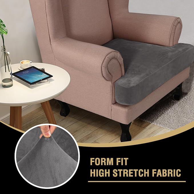 H.VERSAILTEX Stretch Velvet T Cushion Chair Covers for Living Room Armchair Sofa Cover Couch Cover Slipcover T Cushion Seat Cover Stay with Elastic Bands(Armchair,Grey)