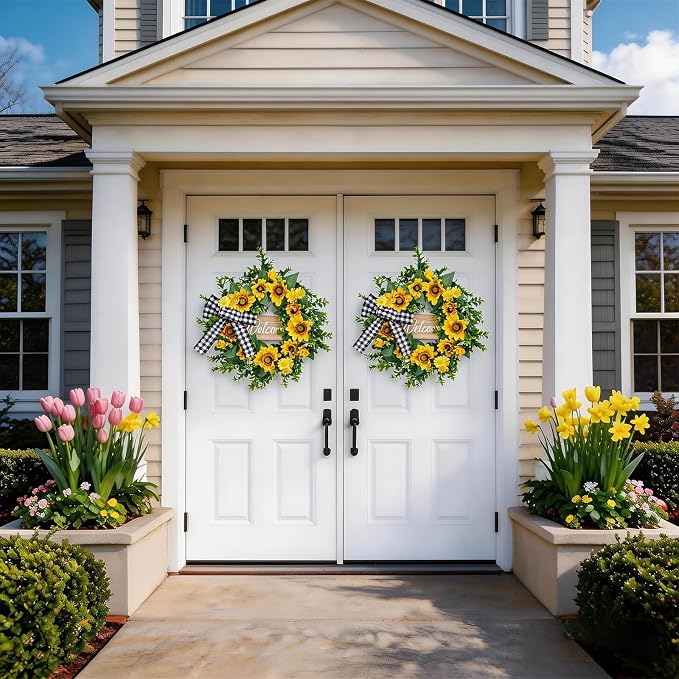 Garvee 20 Inch Sunflower Wreath with Welcome Sign, Spring Summer Wreaths for Front Door with Yellow Blooms and Buffalo Plaid Bow, for Farmhouse Porch Window Wall Home Decor