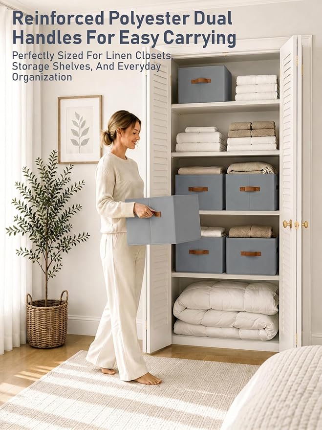 6 Pack Large Closet Storage Baskets Bins for Shelves, Collapsible Fabric Closet Organizers and Storage with Polyester Handles, Decorative Baskets for Organizing Clothes, Towels, Linen Closet 16x12x10"