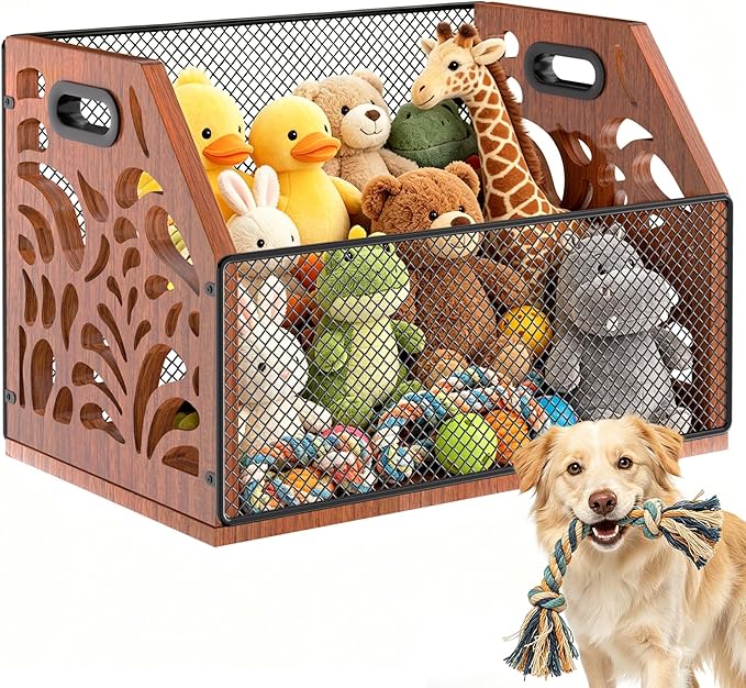 Dog Toy Basket, Chew-Proof Dog Toy Box, Wooden Pet Toy Storage | Spacious Toy Storage Bin for Pet Toys, Treats & Home Supplies, Toy Box for Living Room