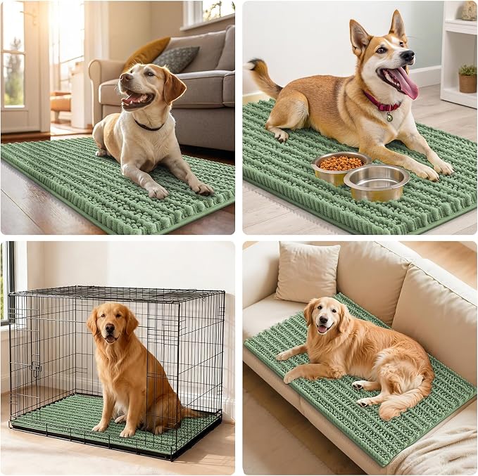 Smiry Dog Door Mat for Muddy Paws 30x20, Absorbent Dirt Trapper, Non-Slip Washable Chenille Entryway Rug for Inside Floor, Olive Green, Layered Pattern