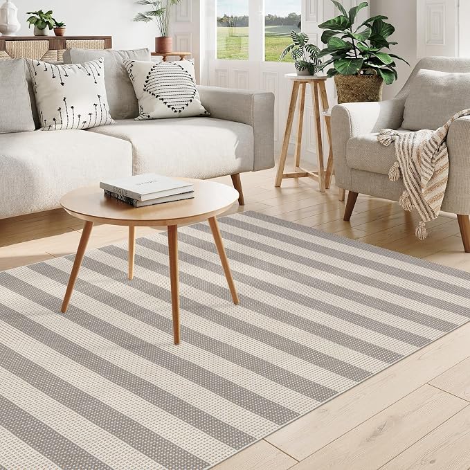 OJIA Outdoor Rug 5'x7' Striped Patio Rug Washable Indoor Outdoor Carpet | Cotton Woven Outside Rug Farmhouse Enrtyway Rug Large Area Rugs for Camping Living Room Bedroom Backyard Gray/White/Tan