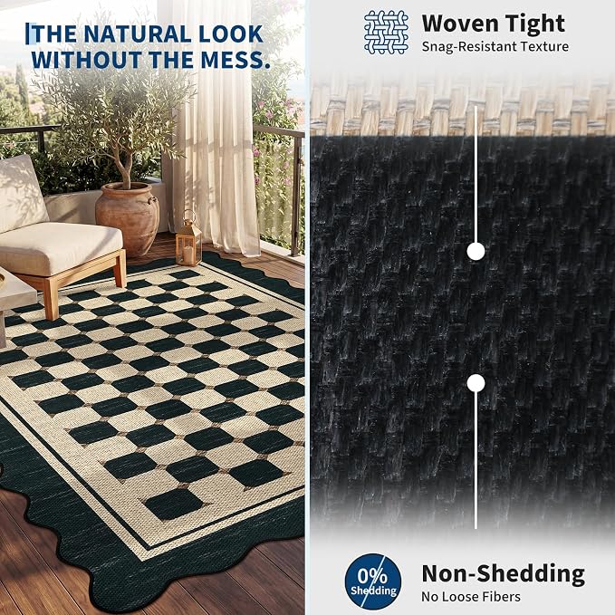 Garvee Easy Jute Rug 8x10 Washable Rugs for Living Room, Scalloped Black Non Slip Carpet,Outdoor Patio Area Rug Low Pile Farmhouse Modern Office Mat for Backyard Dining Room Bedroom 8'x10'