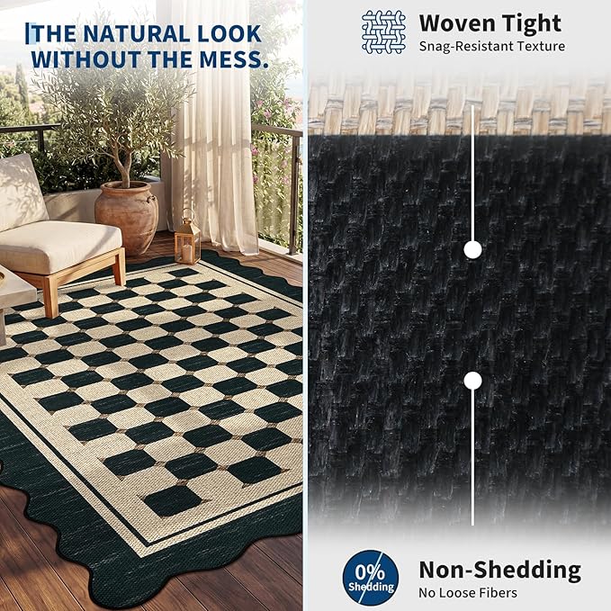 Garvee Easy Jute 9x12 Large Area Rug for Living Room Scalloped Checkered Black Indoor Outdoor Rugs Non Slip Low Pile Patio Outdoor Rugs Washable Carpet for Porch Bedroom Living Room Backyard, 9'x12'