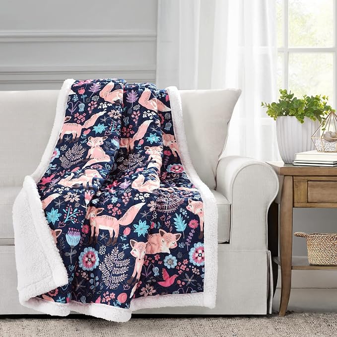 Lush Decor Pixie Fox Sherpa Throw Blanket 50”W x 60" L Navy & Pink - Sherpa Blankets - Toddler Blanket for Bed - Pink Girls Room Decor - Floral Throw