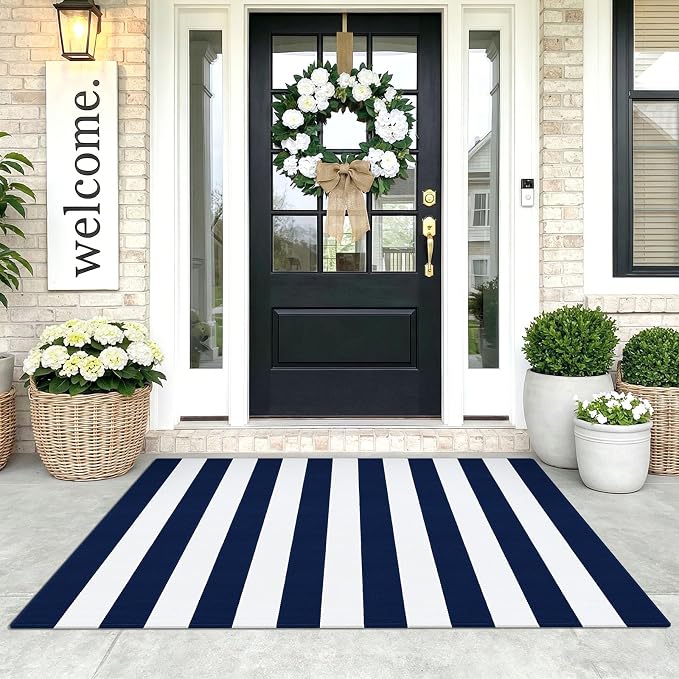 KOZYFLY Striped Rug 3x5 Front Door Rugs Blue White Cotton Woven Washable Indoor Outdoor Rug Entrance Doormat for Front Porch Kitchen Patio Decor Outdoor Mat