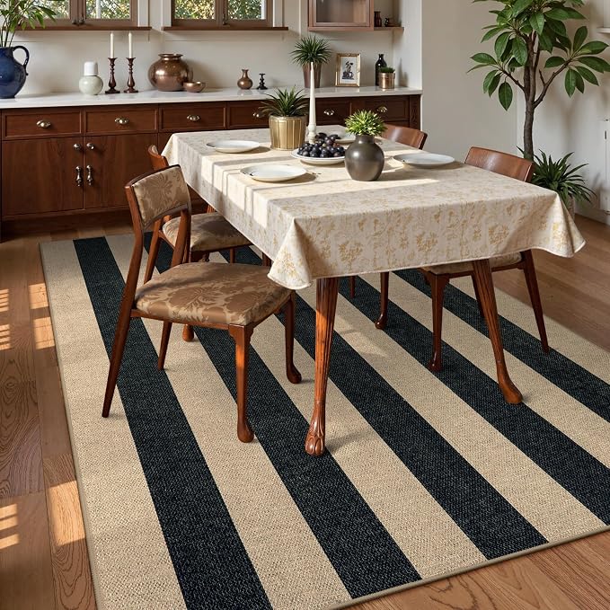 Lahome Striped Easy Jute Dining Room Rug, 6x9 Outdoor Area Rugs Washable | Porch Patio Living Room Rug Black, Modern Farmhouse Neutral Non Slip Low Pile Indoor Carpet for Bedroom Office Backyard