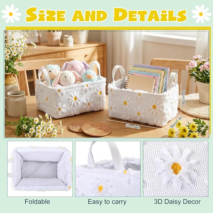 2pcs White Daisy Storage Basket 14x10''Back to School Gift Basket | Foldable, Fluffy, Laundry, Storage Bin with Handle, Floral, Closet Organizer, Preppy Dormitory, Countertop Tabletop Shelf