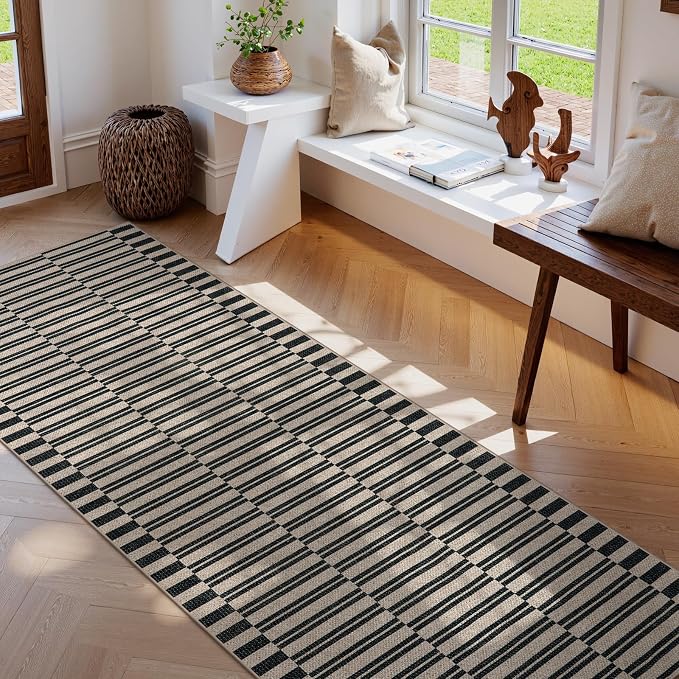Lahome Striped Easy Jute Kitchen Runner Rug, 2x8 Washable Outdoor Rugs | Black Non Slip Indoor Entryway Runners, Modern Farmhouse Neutral Non Shedding Carpet for Hallway Porch Foyer Laundry Room