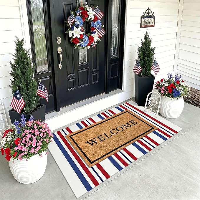 KOZYFLY 250th Anniversary Patriotic Doormat Blue Red White Striped Rug 3x5 ft Front Door Rugs 4th of July Memorial Day Welcome Woven Washable Outdoor Rug for Front Porch Patio Independence Day Decor