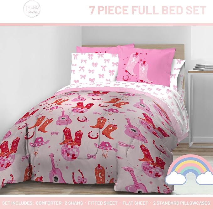 Trend Collector Cowgirl Full Comforter Set 7 Piece Kids Bedding, Pink | Bed in a Bag, Comforter Sheets Shams Pillowcases, Soft Microfiber, Machine Washable Easy Care, Girls Gift
