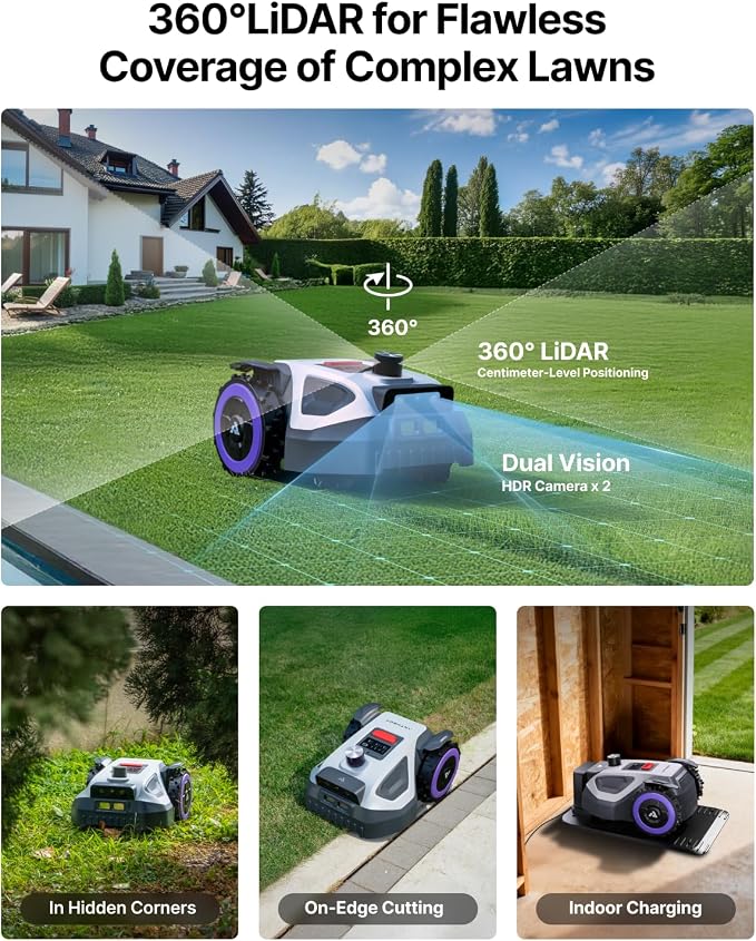 ANTHBOT M5 Lidar Robot Lawn Mower, 360°LiDAR+Vision Perimeter Wire Free 1/8 Acre, Vision Obstacle Avoidance Robotic Lawnmower with Automatic Mapping Zone Division, 45% Slope, App Control