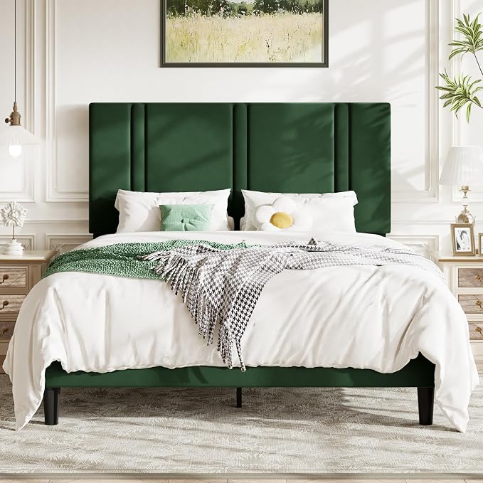 Allewie Queen Platform Bed Frame with Adjustable Headboard | Plush Velvet Upholstered, Vertical Channel Tufted, Sturdy Wood Slats, No Box Spring Needed, Easy Assembly, Green