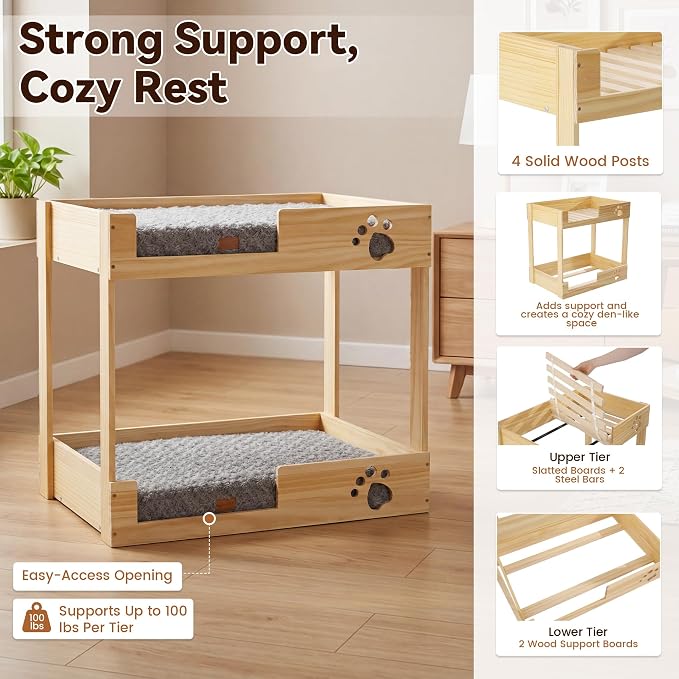 BALAPET Wooden Bunk Dog Bed with 2 Memory Foam Beds | Modern Pet Furniture, Waterproof Liners, Washable Covers, 31.1 x 20.9 x 29.9 in, Bedside Window Perch, For Medium Dogs & Cats
