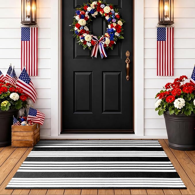 OJIA Black and White Striped Outdoor Rug 24"x51" Front Door Mat Porch Rugs | Washable Fall Front Door Mat Outside Entrance Entry Rug Doormat Outside Cotton Woven Indoor Area Rugs for Entryway Decor