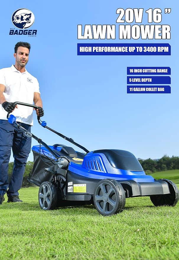 Wild Badger Power 40V 16-in Brushless Electric Cordless Lawn Mower | 16-in brushless push mower for small yards; 5 cut heights, 3-in-1 clipping modes, two 20V 4.0Ah batteries and charger.
